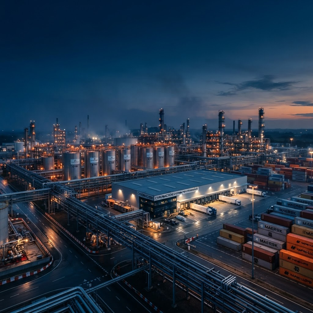 Industrial chemical plant with storage tanks and shipping containers